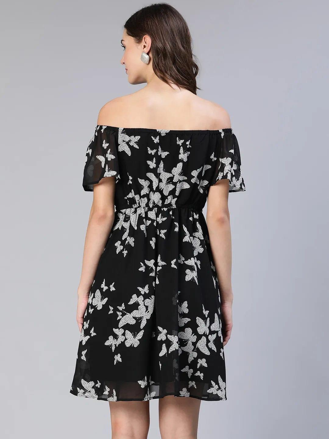 Women Floral Print Off-Shoulder Flared Black Women Dress