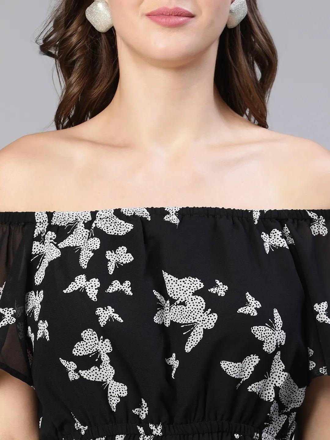 Women Floral Print Off-Shoulder Flared Black Women Dress