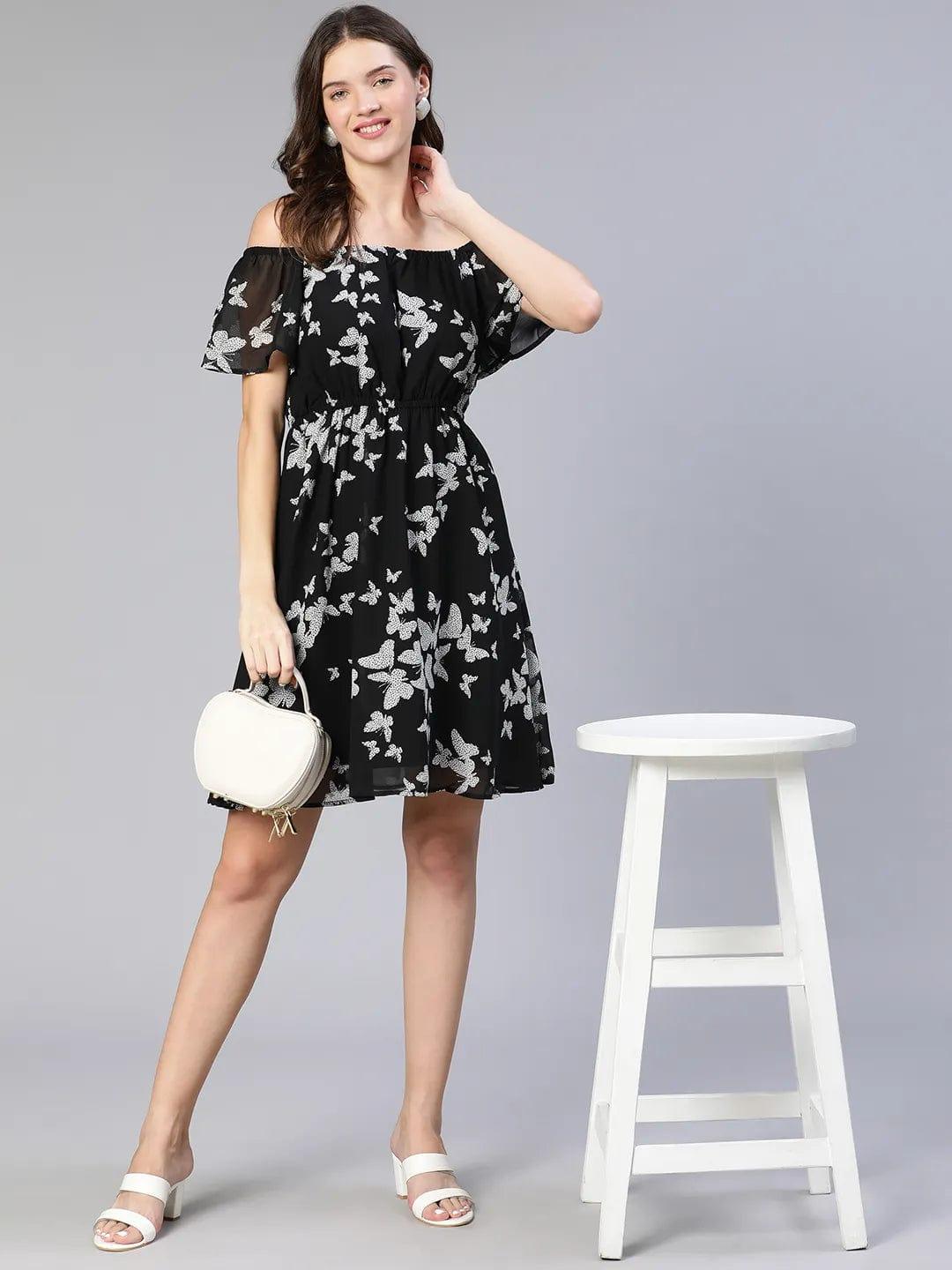 Women Floral Print Off-Shoulder Flared Black Women Dress
