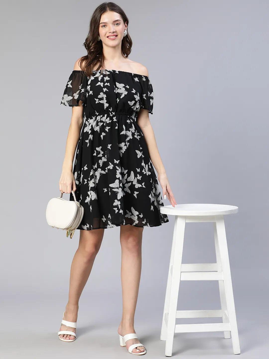 Women Floral Print Off-Shoulder Flared Black Women Dress