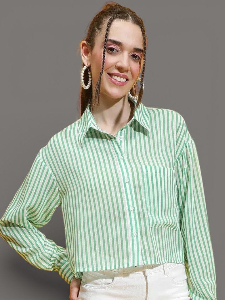 Green Stripe Print Crop Shirt