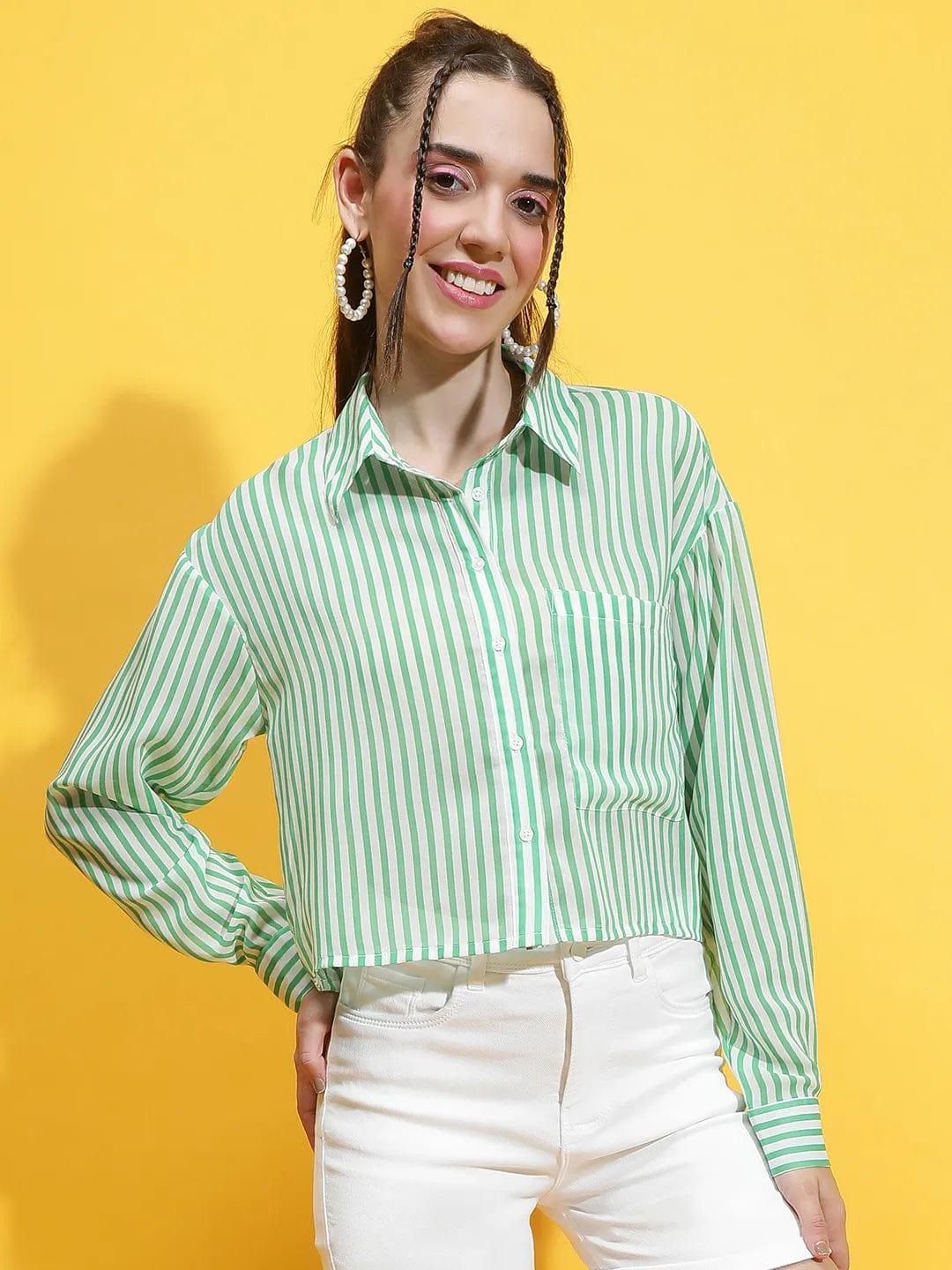 Likely Green Stripe Print Collared Long Sleeve Crop Shirt