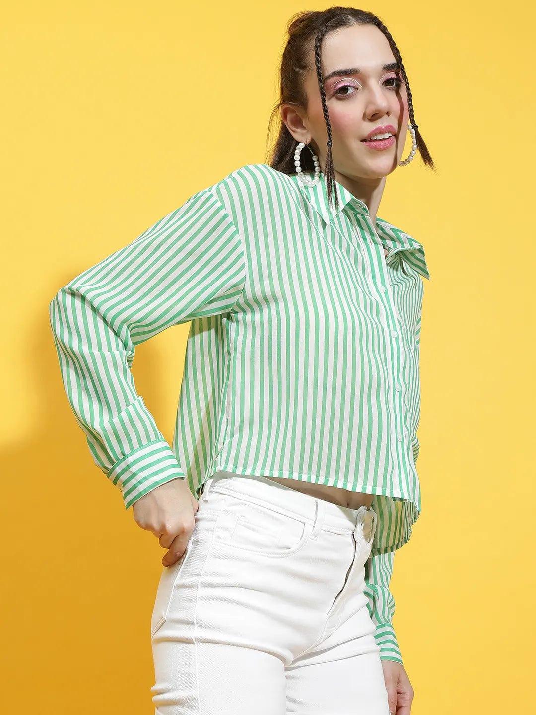 Likely Green Stripe Print Collared Long Sleeve Crop Shirt