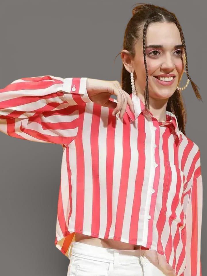 Mega Red Stripe Print Collared Long Sleeve Crop Shirt