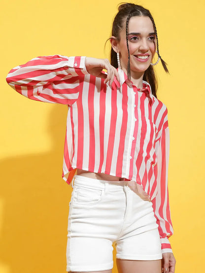 Mega Red Stripe Print Collared Long Sleeve Crop Shirt