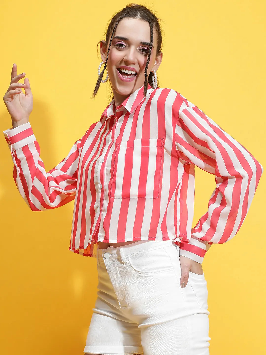 Mega Red Stripe Print Collared Long Sleeve Crop Shirt