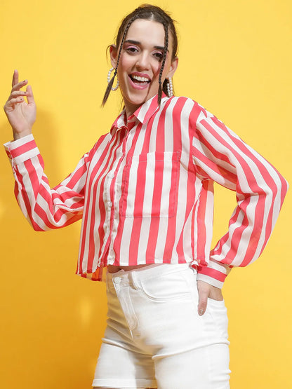 Mega Red Stripe Print Collared Long Sleeve Crop Shirt