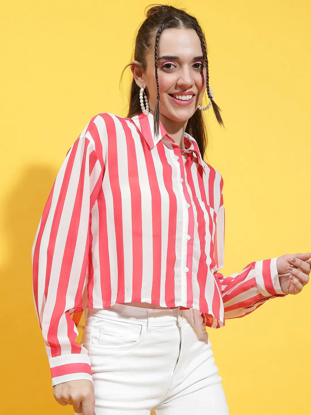 Mega Red Stripe Print Collared Long Sleeve Crop Shirt