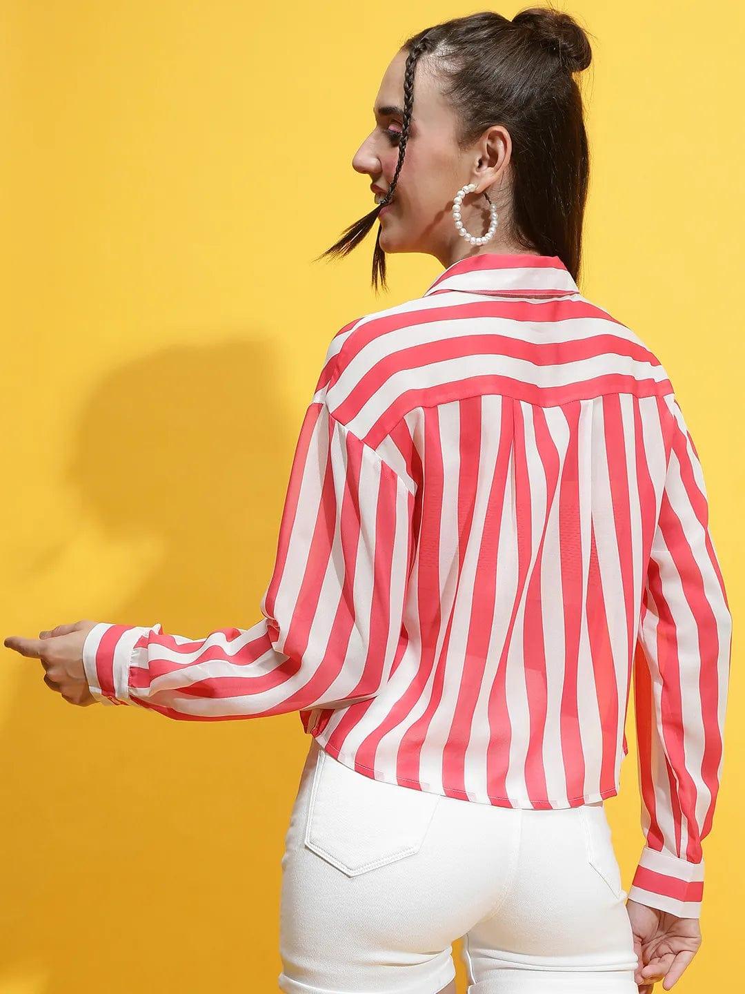 Mega Red Stripe Print Collared Long Sleeve Crop Shirt