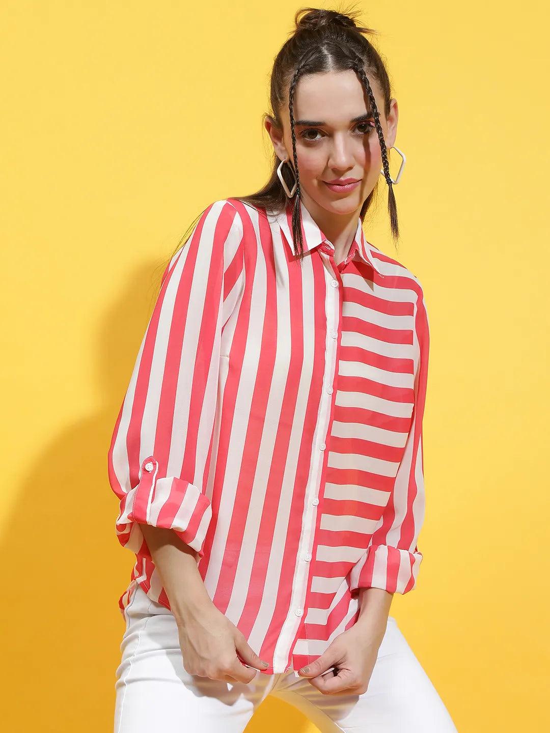 Pure Red Stripe Print Collared Long Sleeve Shirt