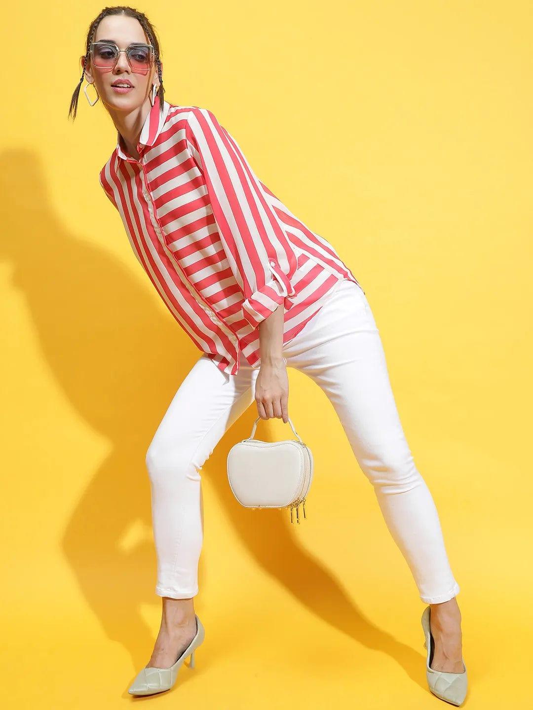 Pure Red Stripe Print Collared Long Sleeve Shirt