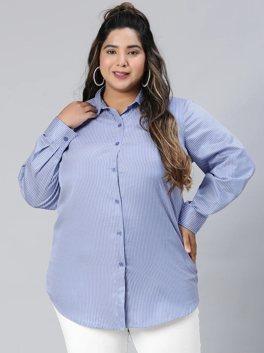 Formal Blue Stripe Print Long Sleeve Plus Size Cotton Shirt