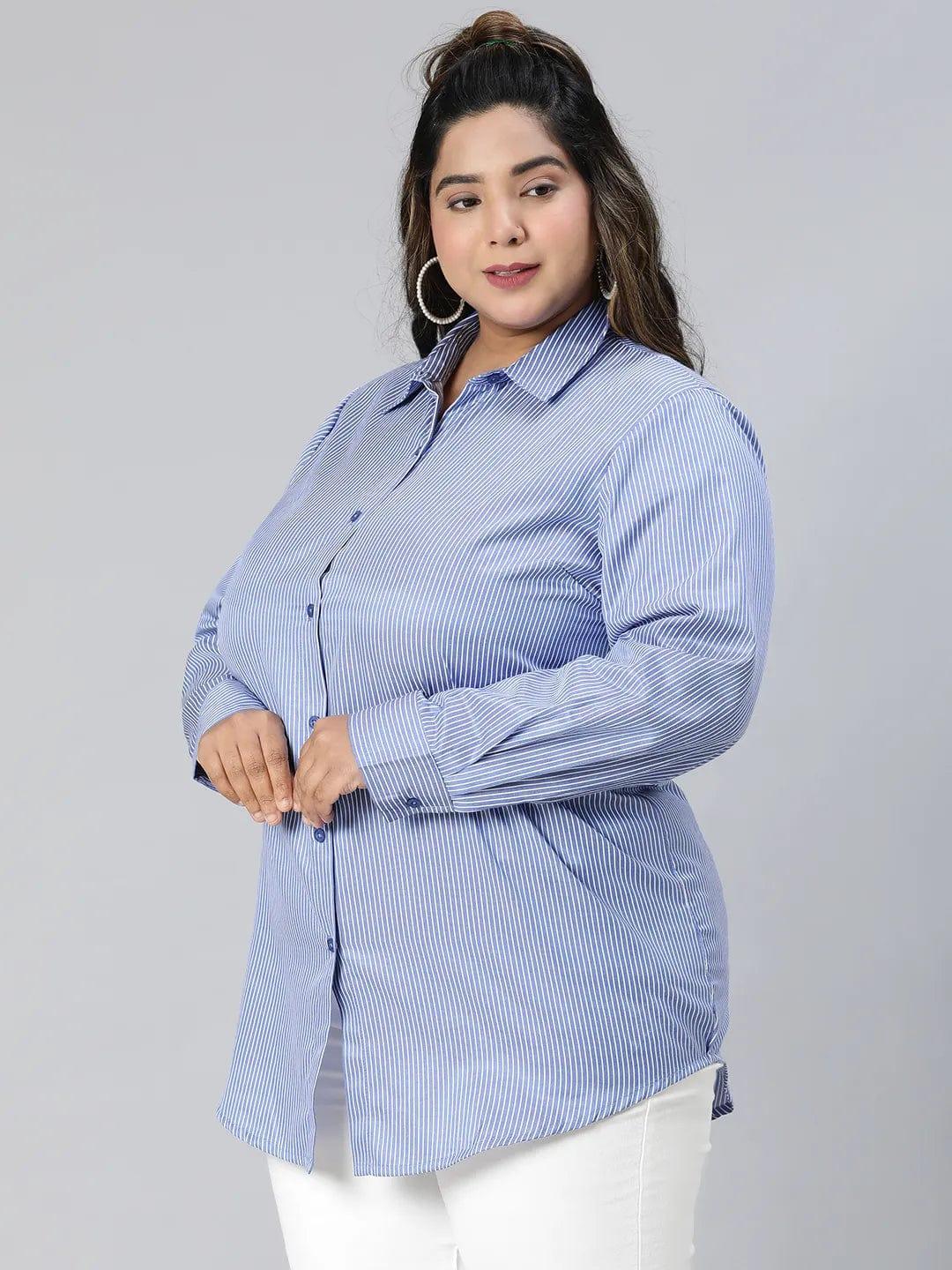 Formal Blue Stripe Print Long Sleeve Plus Size Cotton Shirt