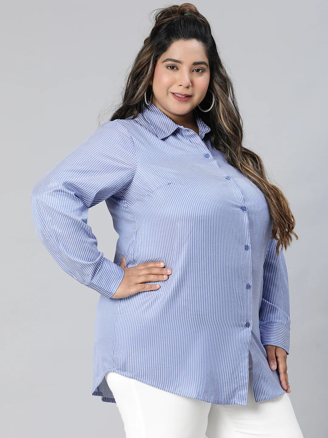 Formal Blue Stripe Print Long Sleeve Plus Size Cotton Shirt