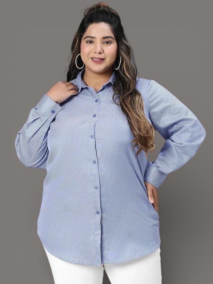 Formal Blue Stripe Print Long Sleeve Plus Size Cotton Shirt