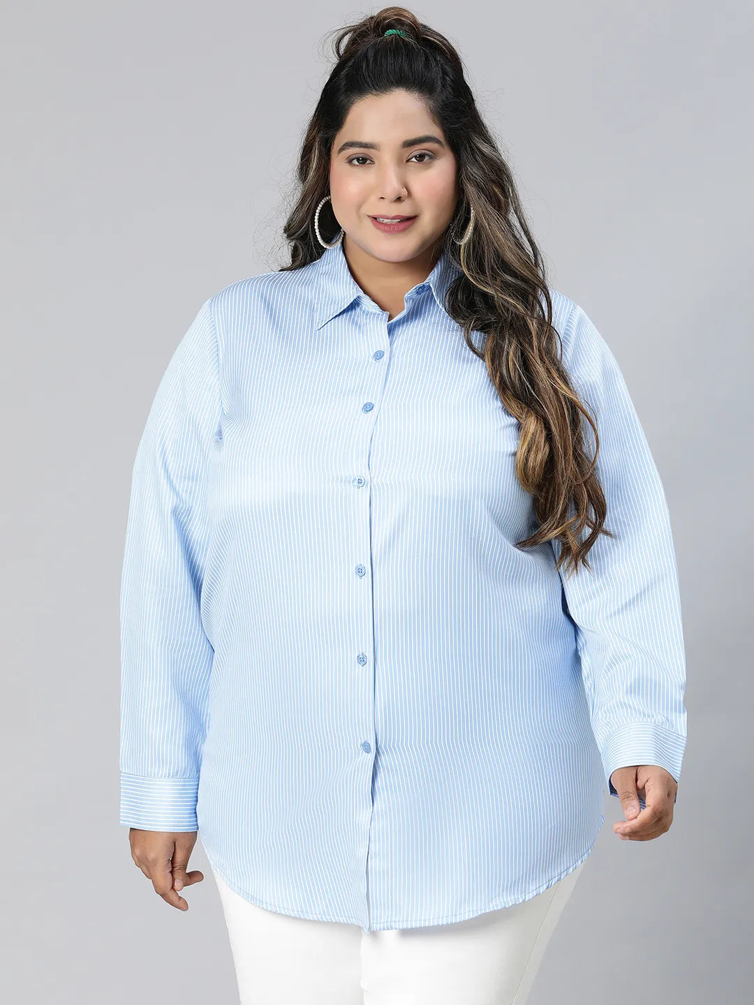 Bossy Blue Stripe Print Plus Size Cotton Blend Shirt