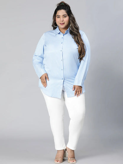 Bossy Blue Stripe Print Plus Size Cotton Blend Shirt