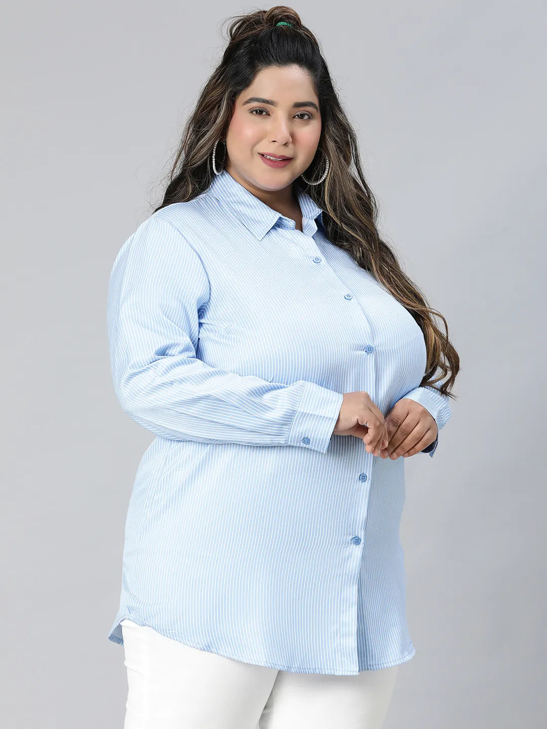 Bossy Blue Stripe Print Plus Size Cotton Blend Shirt