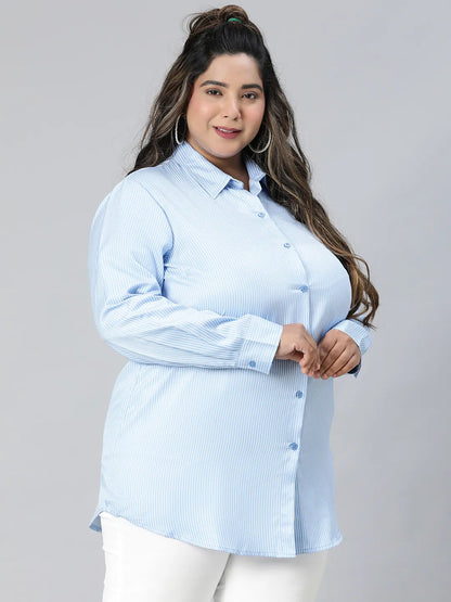 Bossy Blue Stripe Print Plus Size Cotton Blend Shirt