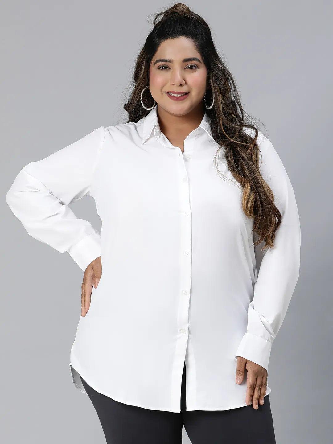 Easy White Long Sleeve Plus Size Cotton Blend Shirt