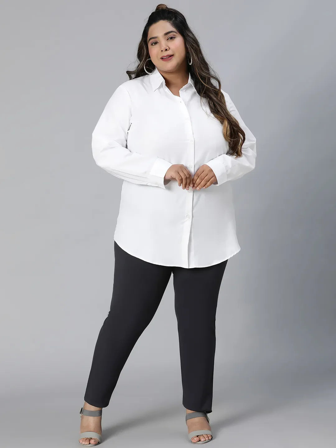 Easy White Long Sleeve Plus Size Cotton Blend Shirt