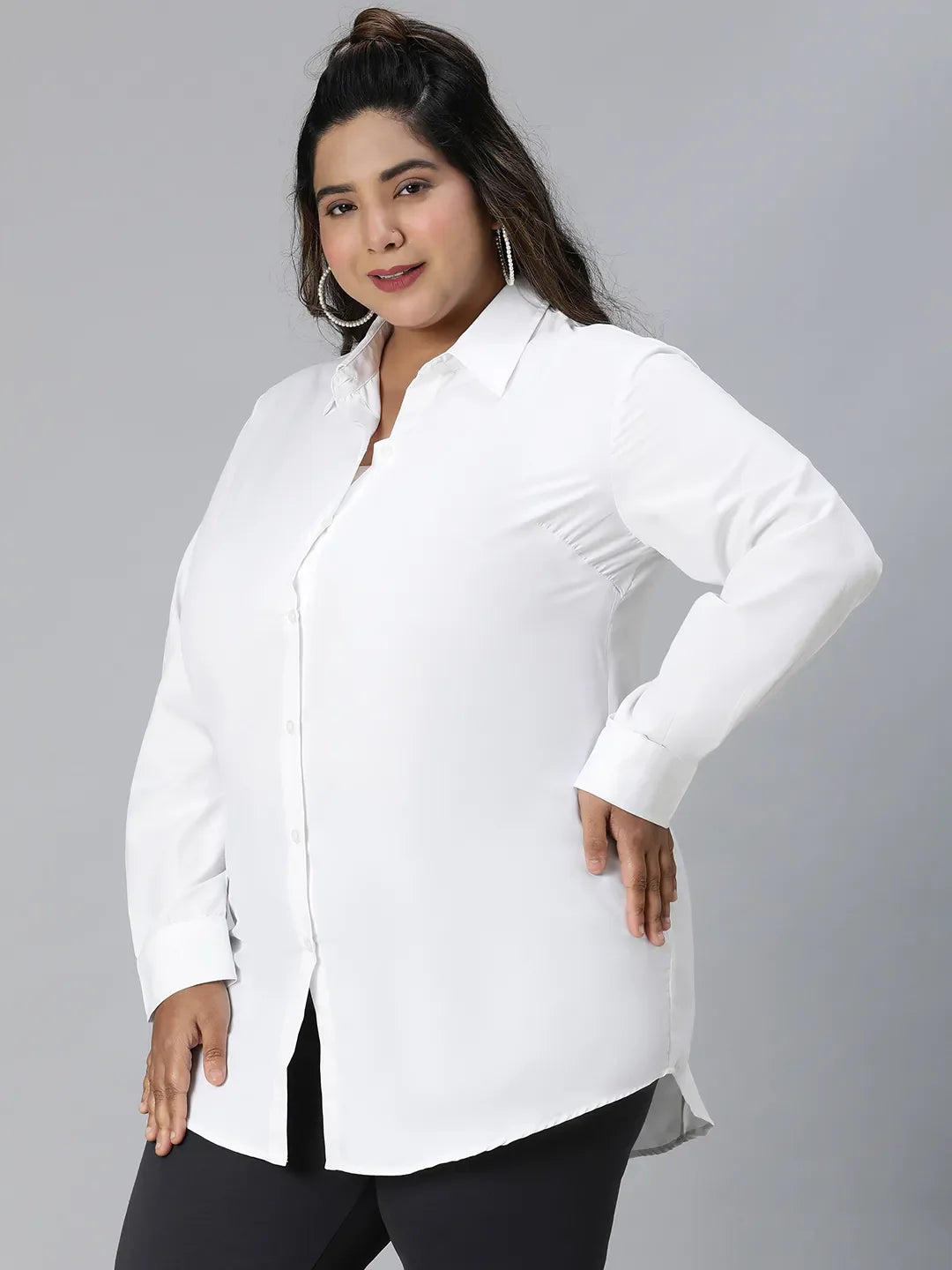 Easy White Long Sleeve Plus Size Cotton Blend Shirt