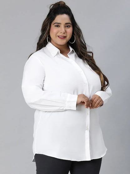 Easy White Long Sleeve Plus Size Cotton Blend Shirt