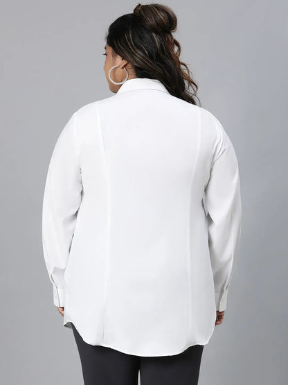 Easy White Long Sleeve Plus Size Cotton Blend Shirt