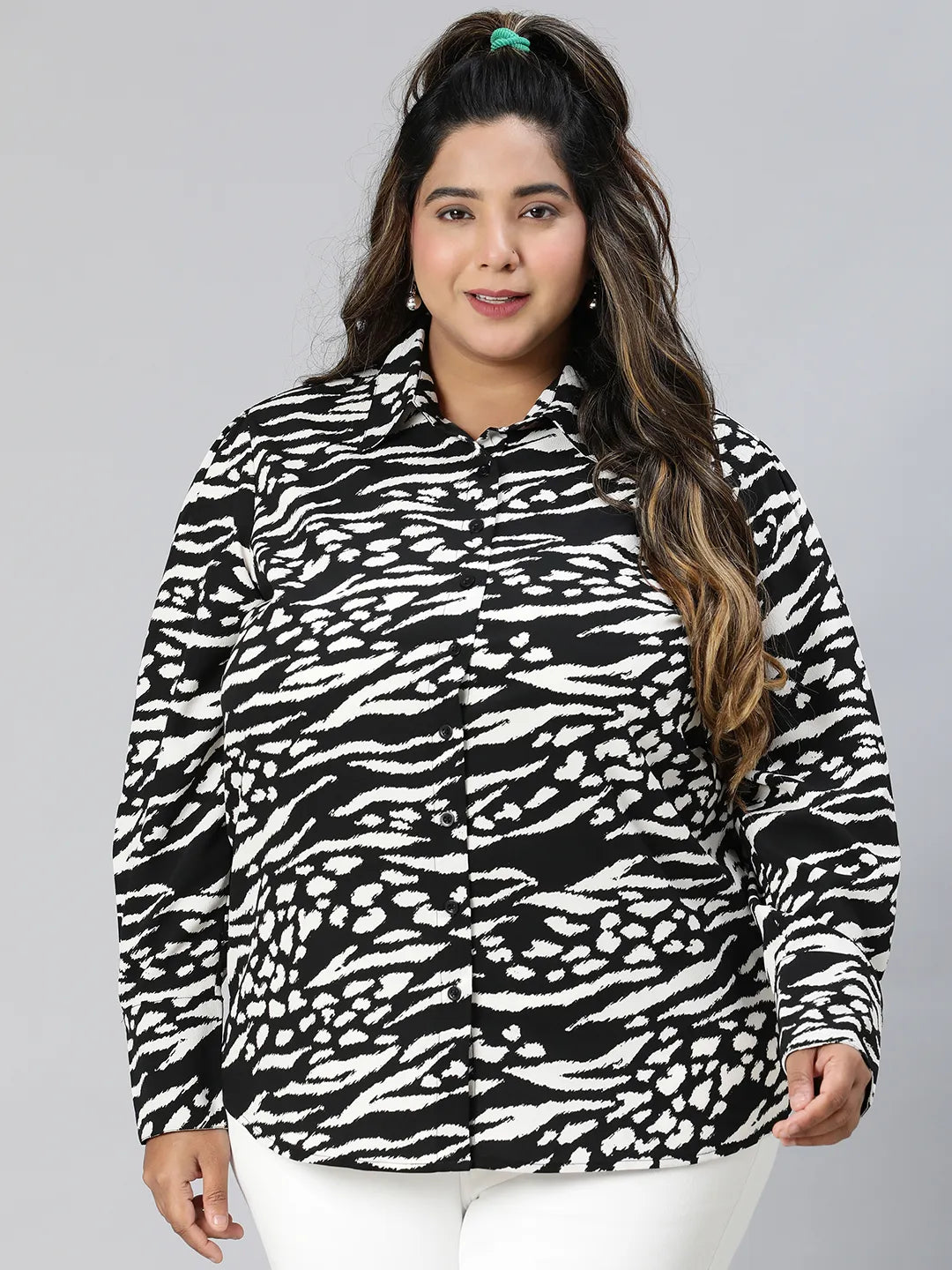 Genze Black Printed Collared Long Sleeve Plus Size Shirt