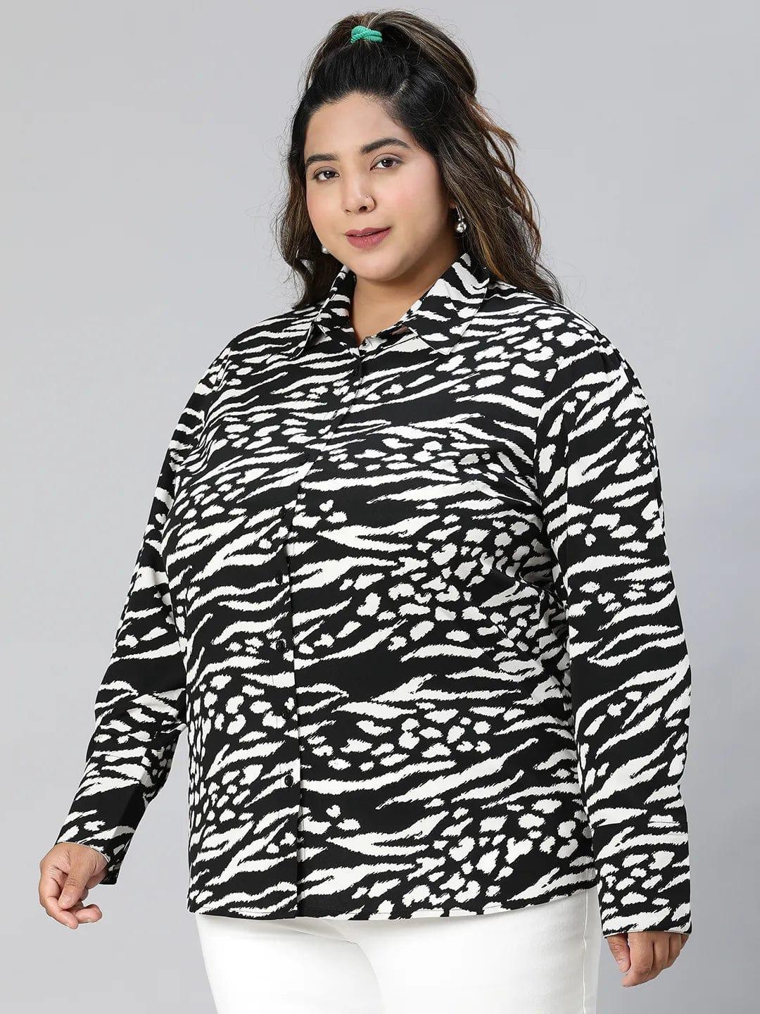 Genze Black Printed Collared Long Sleeve Plus Size Shirt