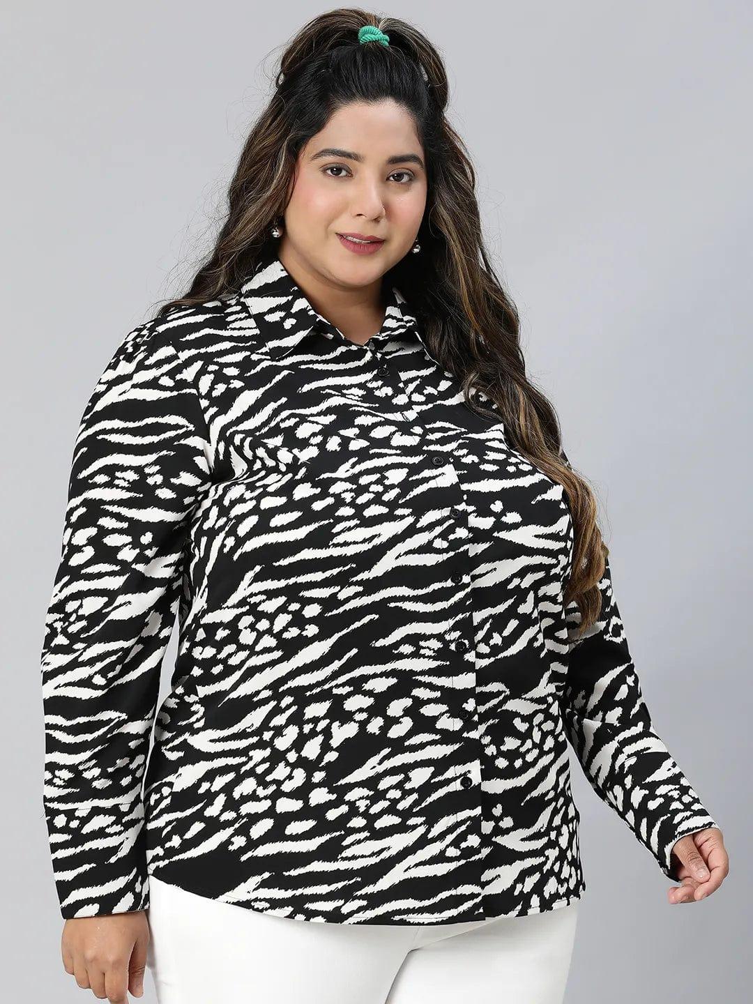 Genze Black Printed Collared Long Sleeve Plus Size Shirt