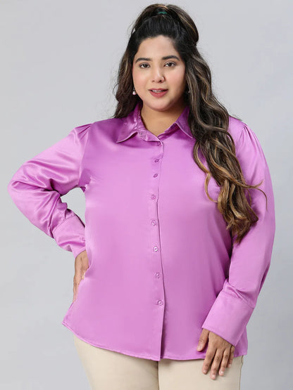 All Purple Collared Long Sleeve Plus Size Shirt