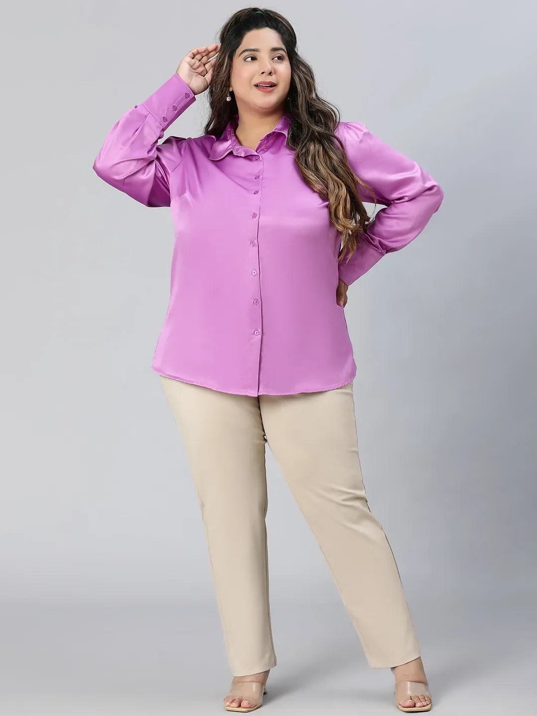 All Purple Collared Long Sleeve Plus Size Shirt