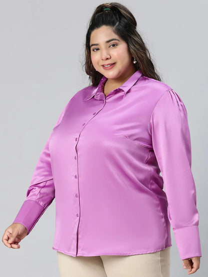 All Purple Collared Long Sleeve Plus Size Shirt