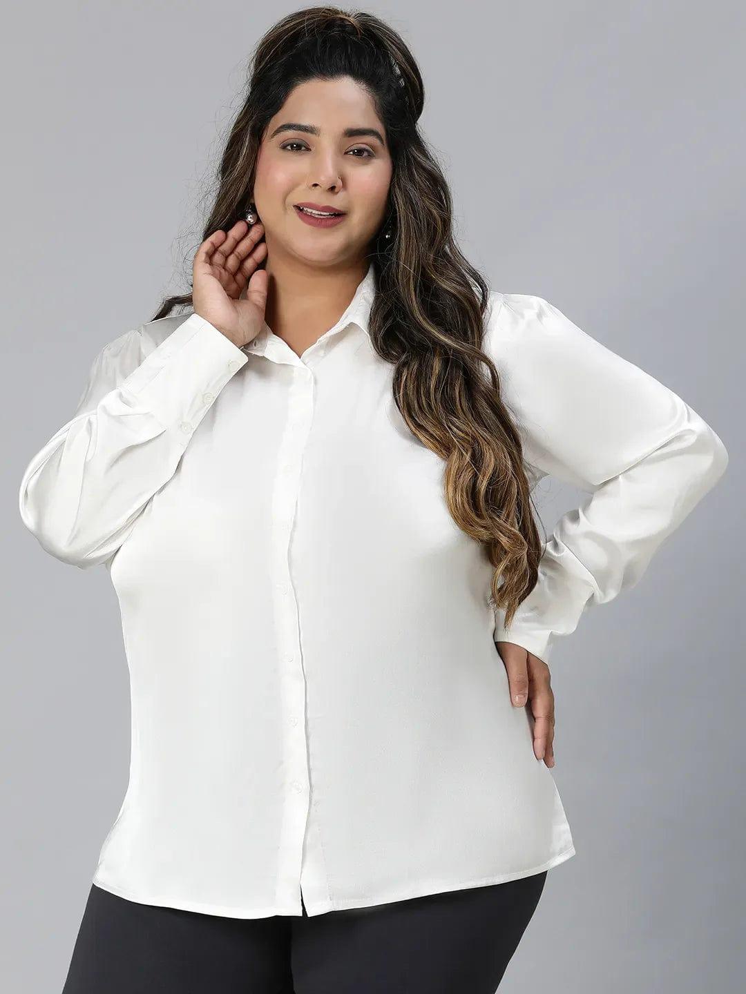 Icey White Collared Long Sleeve Plus Size Shirt