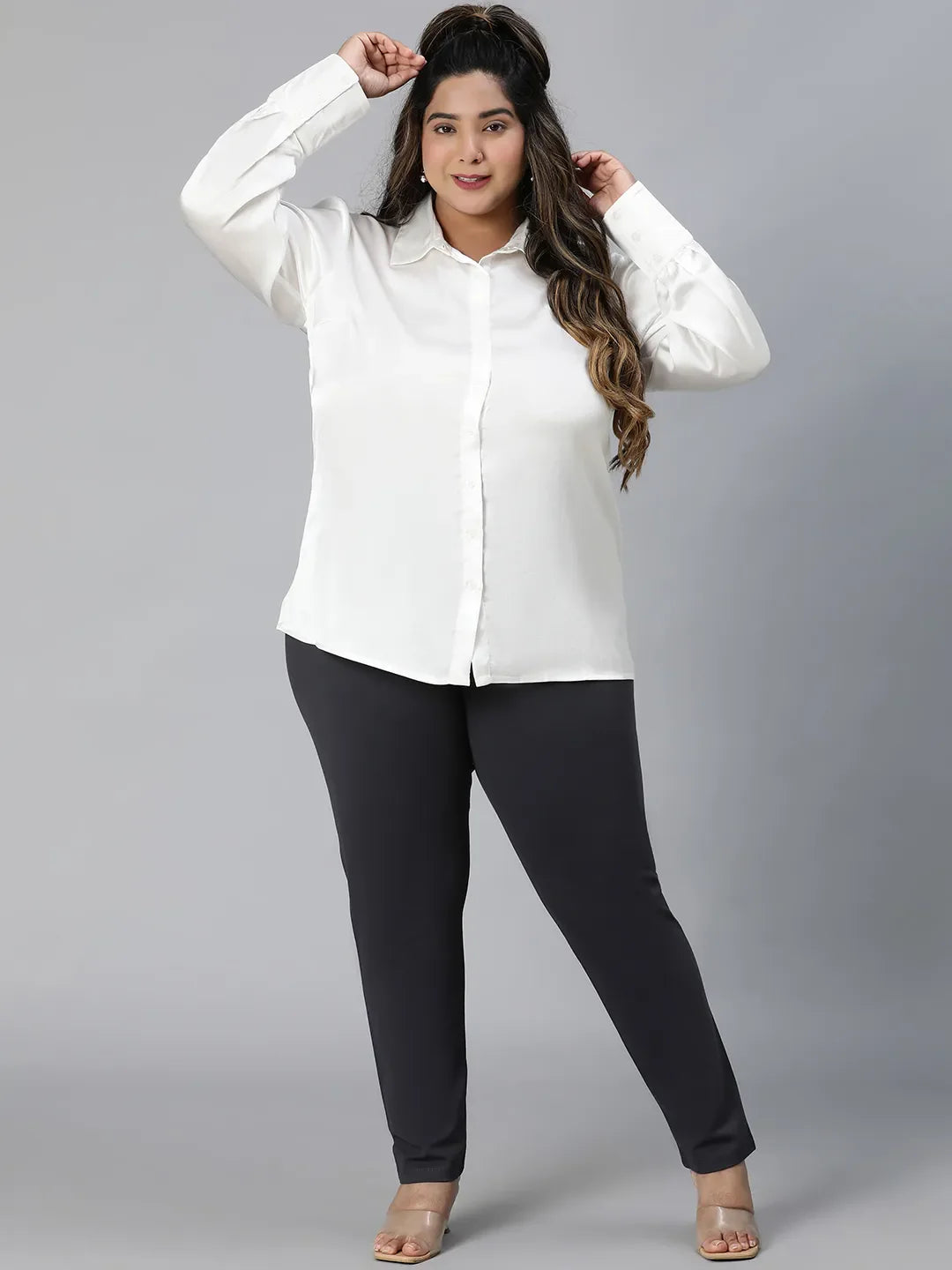 Icey White Collared Long Sleeve Plus Size Shirt