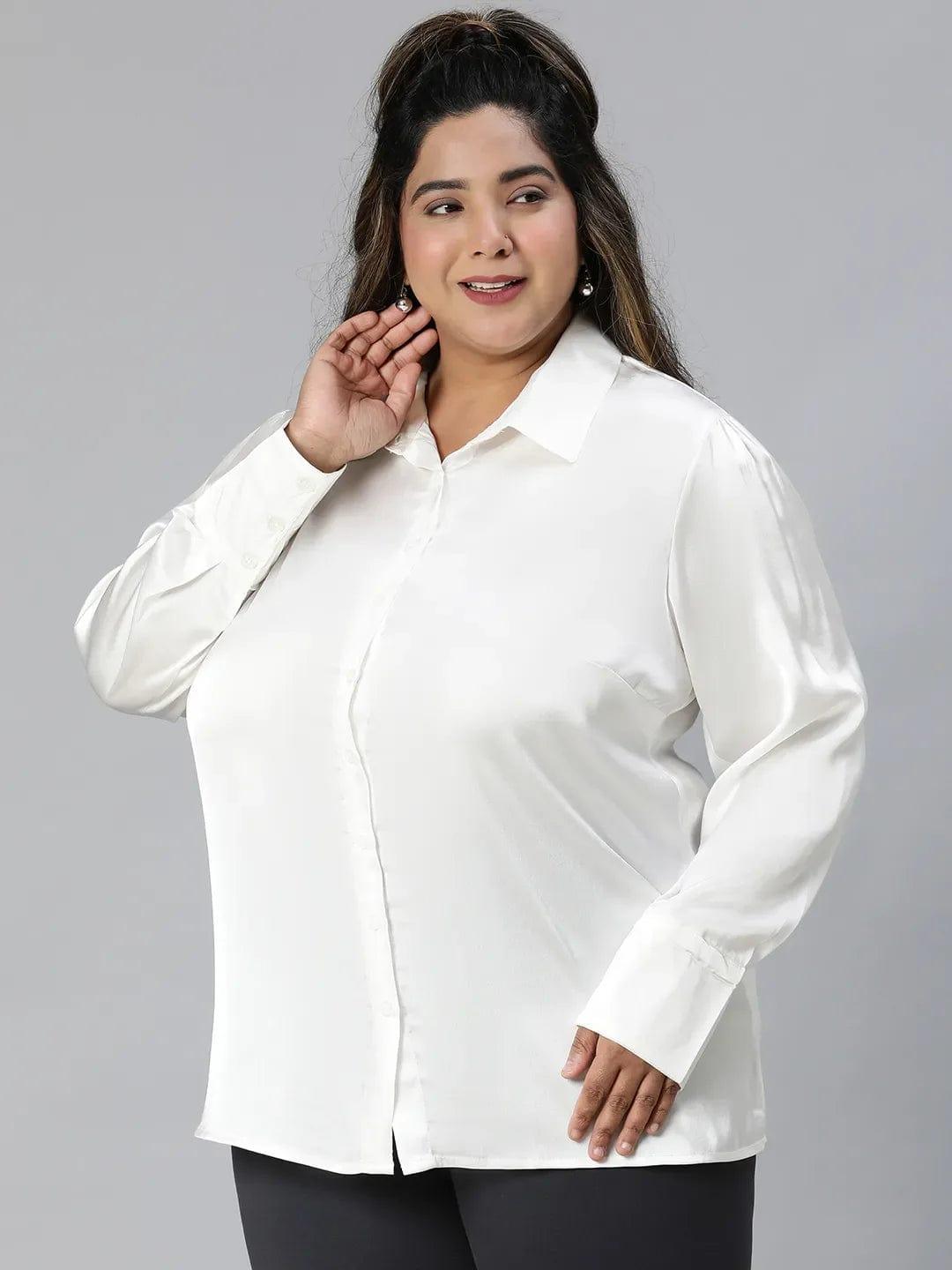 Icey White Collared Long Sleeve Plus Size Shirt