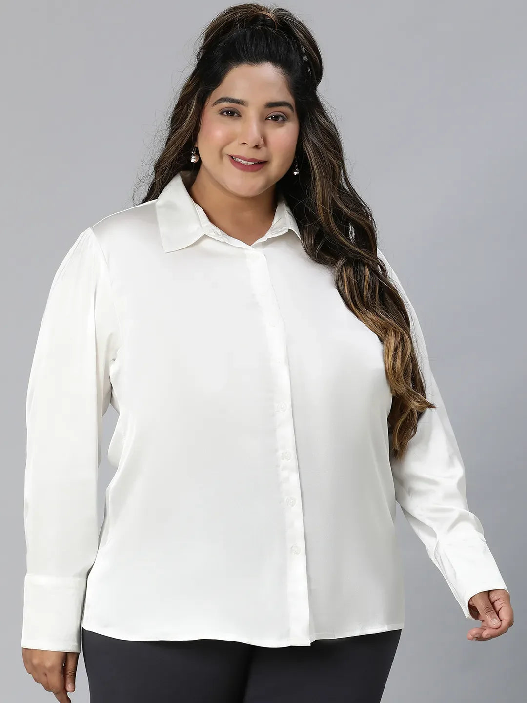 Icey White Collared Long Sleeve Plus Size Shirt