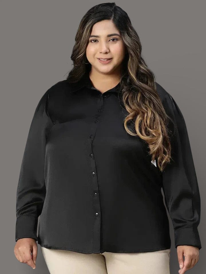 The Black Collared Long Sleeve Plus Size Polyester Shirt