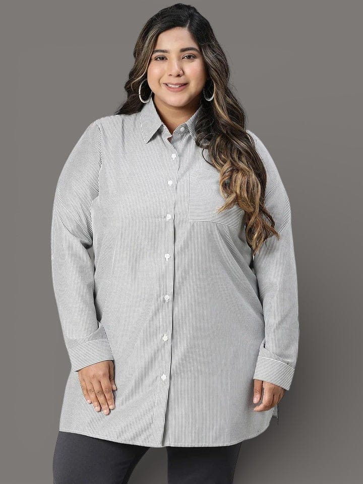 Plus Size Black Stripe Cotton Shirt
