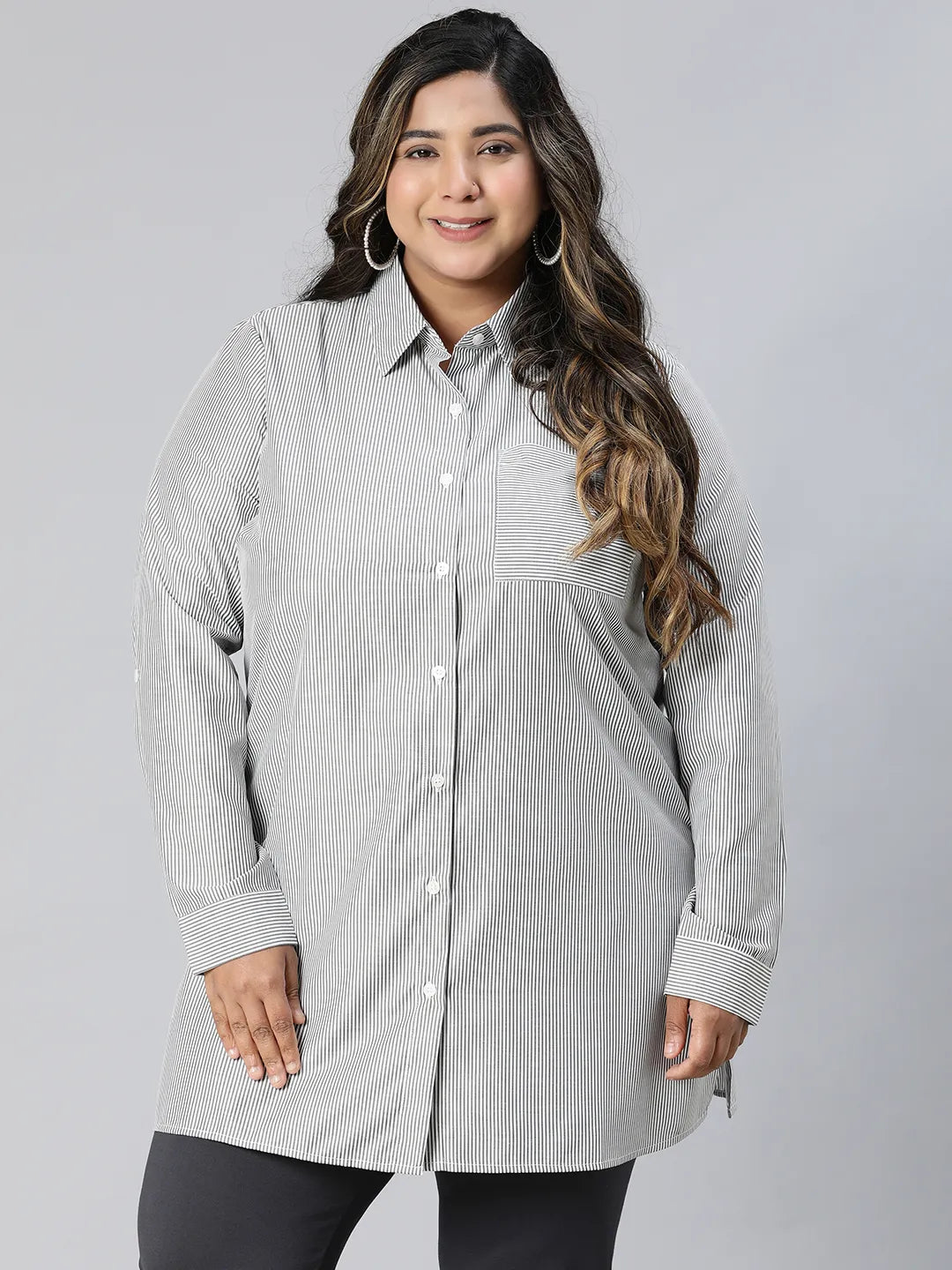 Perfect Black Stripe Print Long Sleeve Plus Size Cotton Shirt