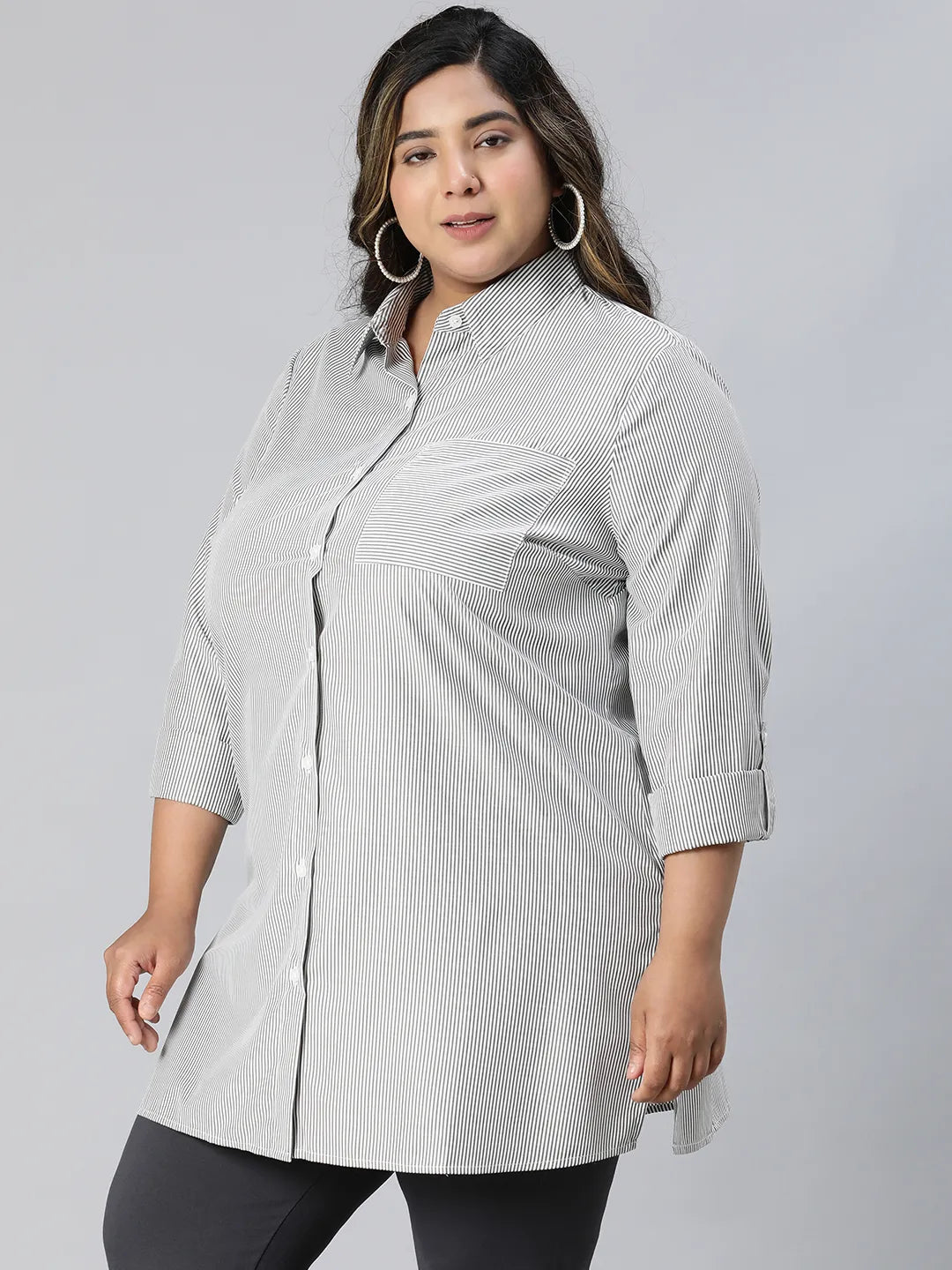 Perfect Black Stripe Print Long Sleeve Plus Size Cotton Shirt