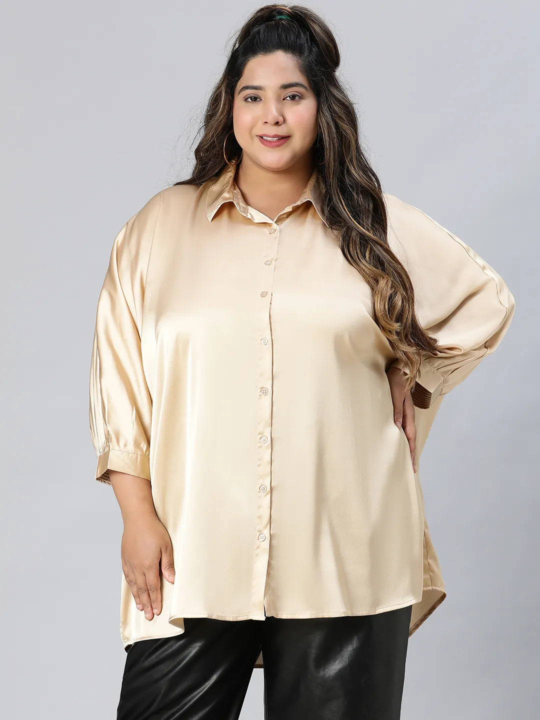 Royal Beige Collared Baggy Style Plus Size Shirt