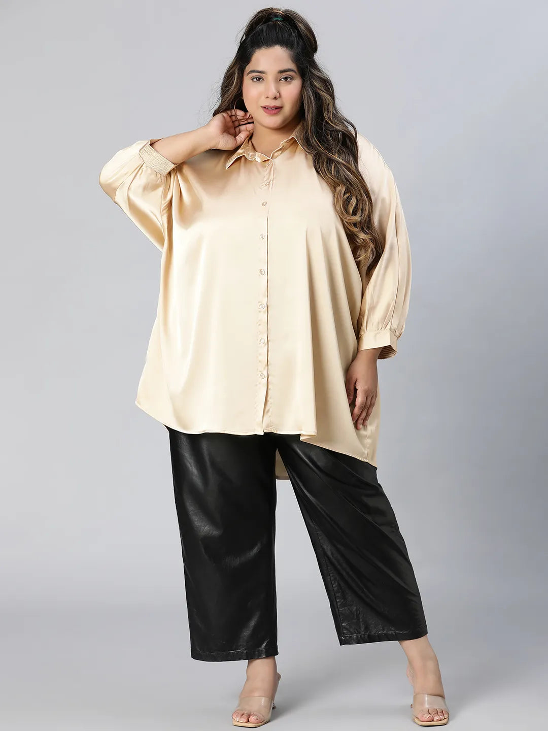 Royal Beige Collared Baggy Style Plus Size Shirt