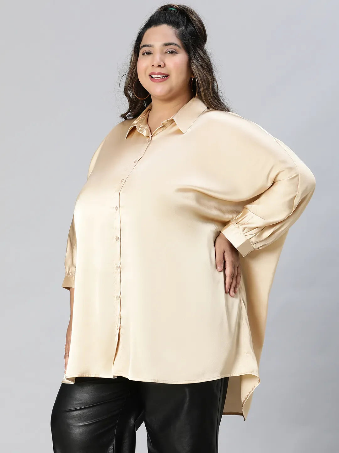 Royal Beige Collared Baggy Style Plus Size Shirt