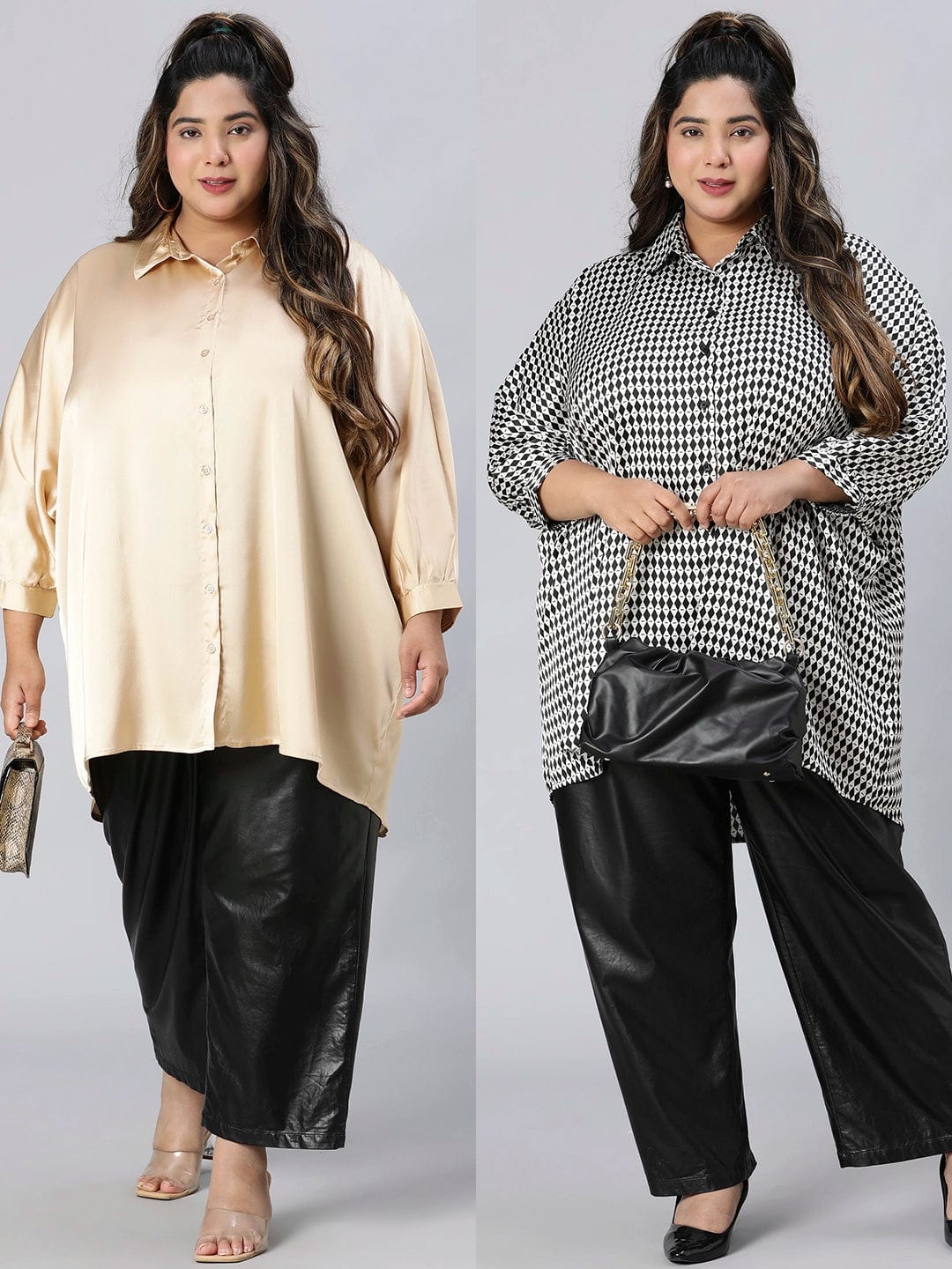 Beige & black baggy style plus size women shirt combo set