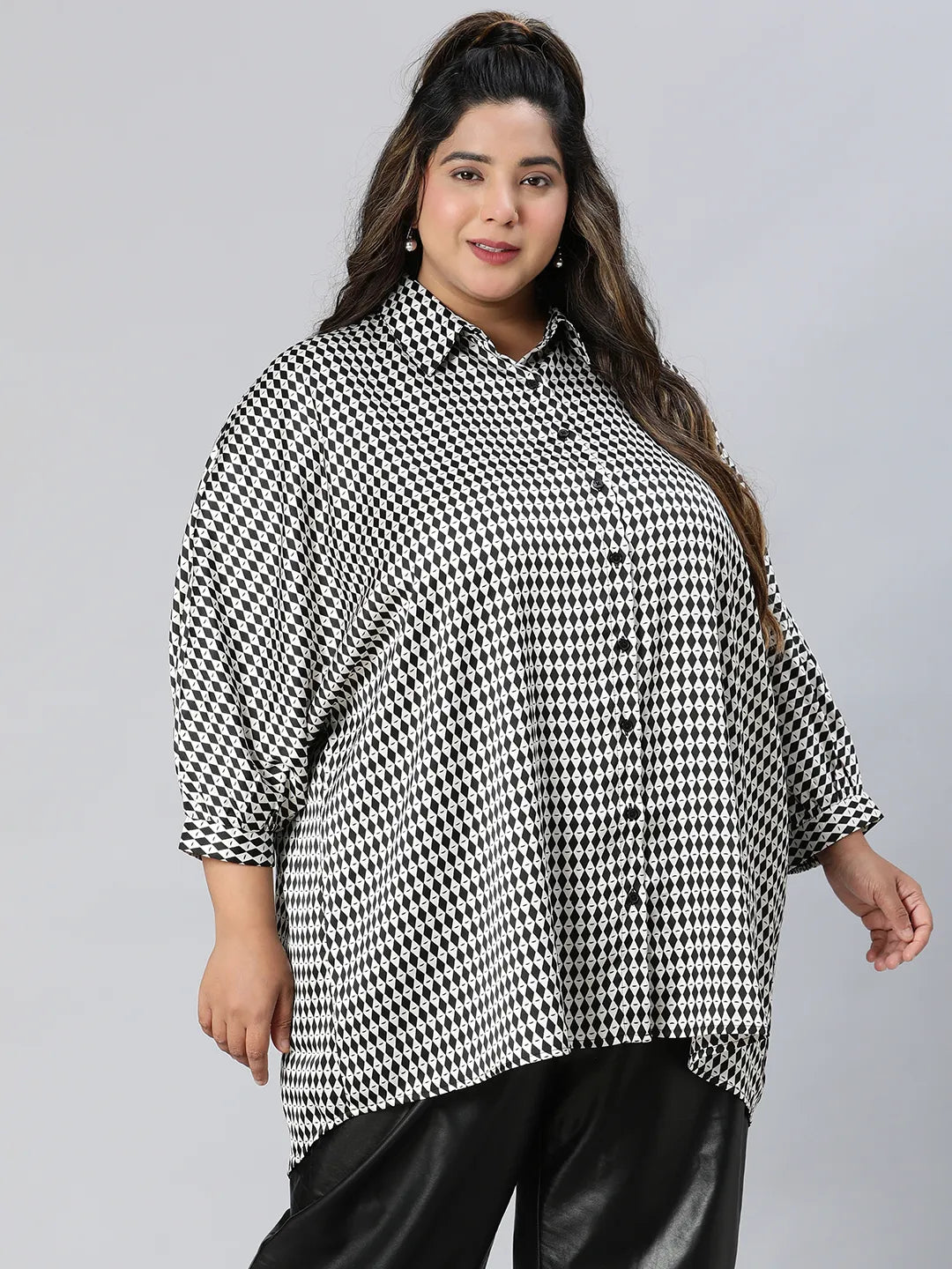 Divine Black Check Print Baggy Style Plus Size Shirt