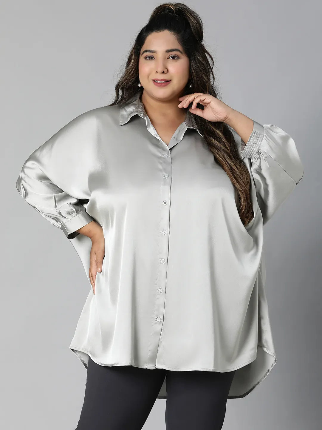 Stoned Grey Collared Baggy Style Plus Size Shirt