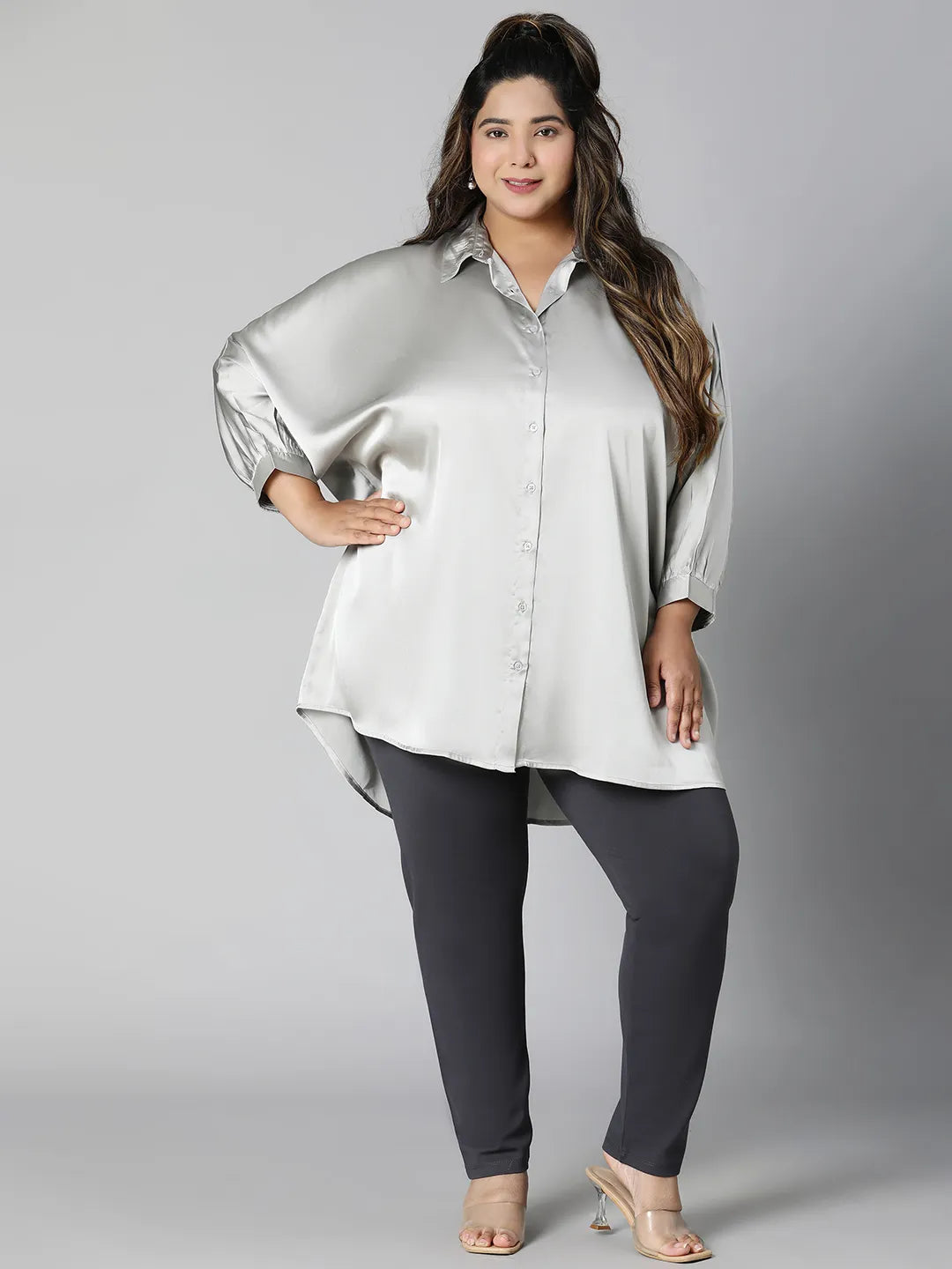 Stoned Grey Collared Baggy Style Plus Size Shirt