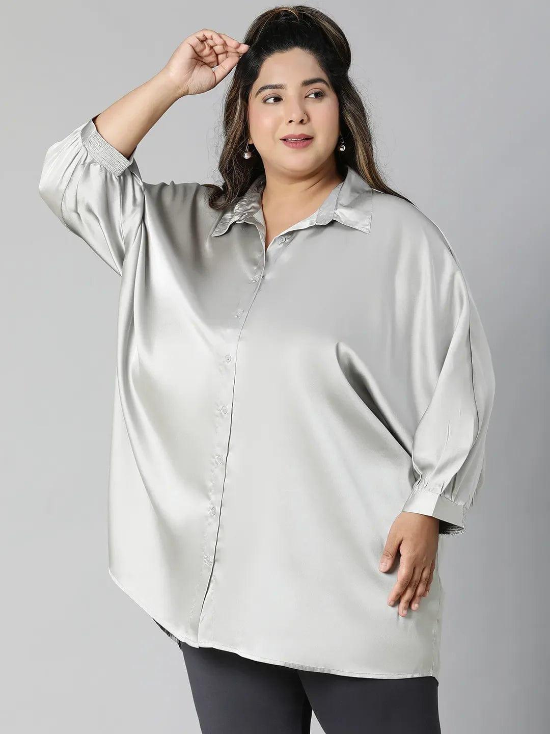 Stoned Grey Collared Baggy Style Plus Size Shirt